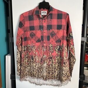 One 24 Rags Womens Size M‎ Plaid Leopard Button Up Shirt Raw Hem Distressed/Fade